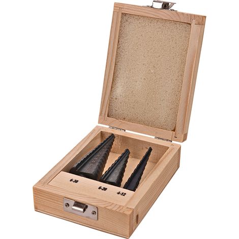 HSS Stufenbohrer Satz Set 3 tlg Holzkasten Schälbohrer Kegelbohrer Kegelsenker (1/5)