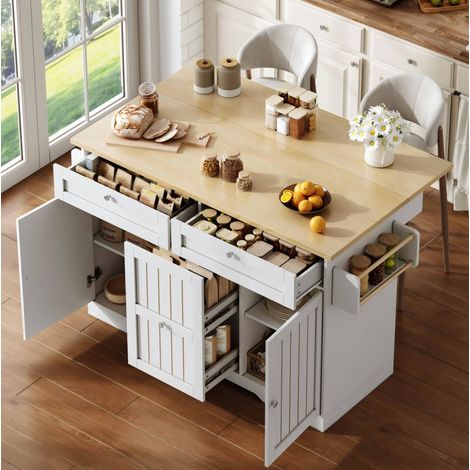 Isola cucina 120/70(45) x 92 cm in MDF Natural+White con piano ribaltabile e ruote frenanti (1/5)