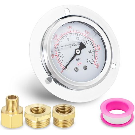 1 pièce 60mm bride panneau monté manomètre BSP 1/4 "0-21 Bar 0300 PSI avec 2 pièces douille et 1 pièce réducteur de joint hexagonal", axial (1/5)