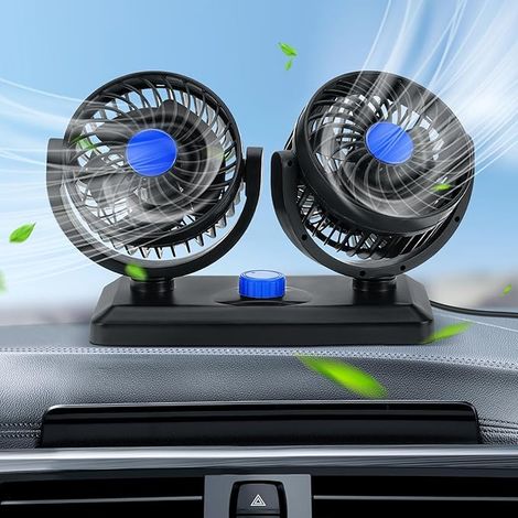 Ventilatore portatile per auto, ventilatore per auto 12V/24V, ventilatore a doppia testa con ventola di raffreddamento regolabile a 2 velocità (12V blu)