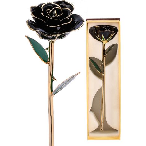 Roses rouges à longues tiges avec garniture en or 24 carats, présentées dans un coffret cadeau et un support dorés (les roses noires sont également livrées avec un support). (1/5)