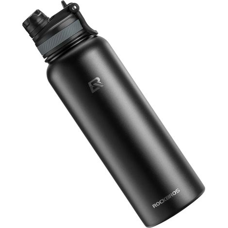 Bouteille isotherme ROCKBROS 1200 ml en acier inoxydable, gourde de vélo, gobelet sportif avec paille, noire (1/5)