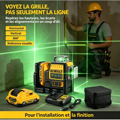 Niveau laser Dewalt DW089LG résistant IP54, 16 lignes vertes 12V, auto-nivellement pour chantier poussiéreux (1/5)