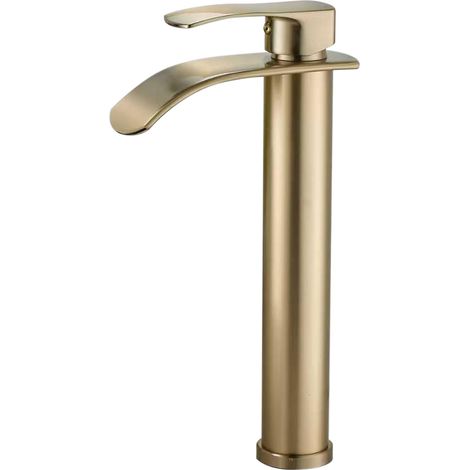 Robinet d'évier de salle de bain cascade, robinet de salle de bain haut doré brossé, poignée haute, avec drain en métal et tuyau d'alimentation en eau, trou unique, convient pour les navires. (1/5)