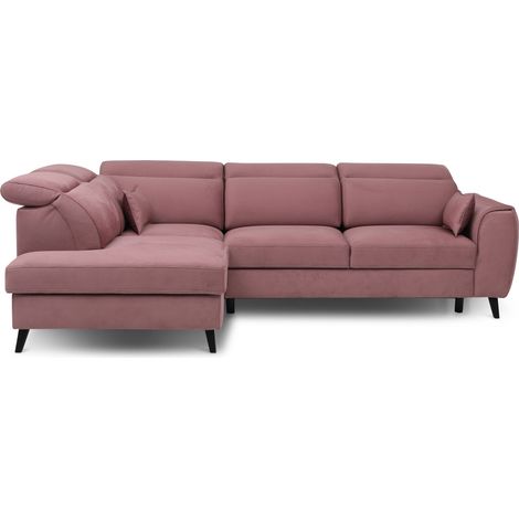 Canapé d’angle convertible NOBLESSE en tissu avec coffre et pieds en bois noir – 265cm angle gauche-Rose poudré-angle gauche (1/5)