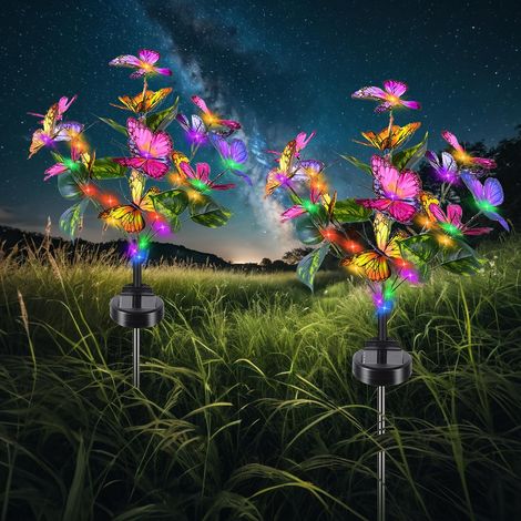 Solar Garden Light, 2 Pieces Flower Butterfly Solar Lights Outdoor, IP65 Waterproof LED Light for Paths Light Garden Decoration Patio Wedding Christmas Lawn Terrace (1/5)