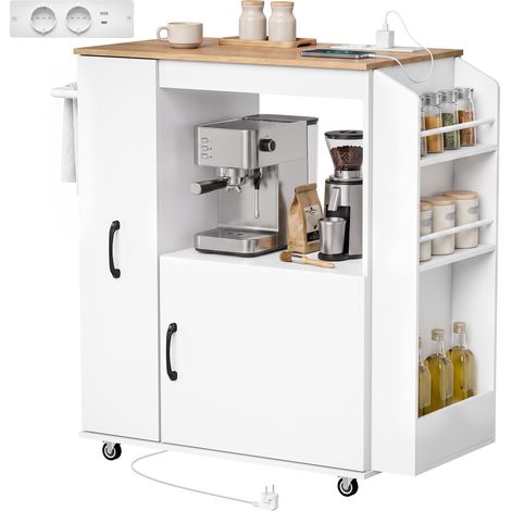 Chariot de cuisine avec prise électrique, mobile sur roulettes, blanc (1/5)