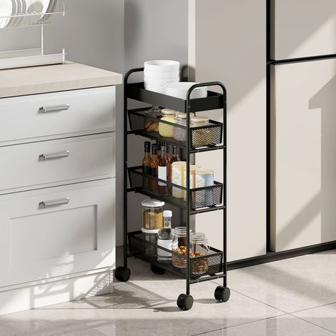 Carro de almacenamiento de 4 niveles, con ruedas, 3 cestas deslizantes, cesta superior de 19 x 43,2 x 80 cm, color negro.
