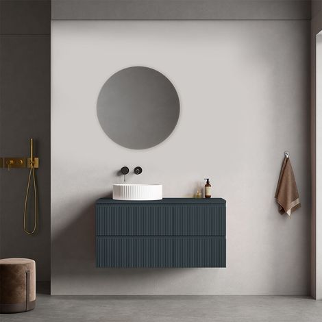 Mobile bagno sospeso cannettato reversibile  100 cm Blu Mare per Lavabo d'appoggio Specchio Tondo - Fiji Paint Top Canneté (1/4)