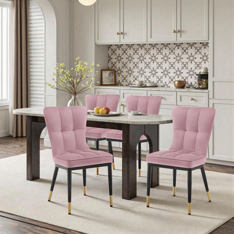 Lot de 4 chaises de salle à manger en velours rose, pieds métal noir et doré (1/5)