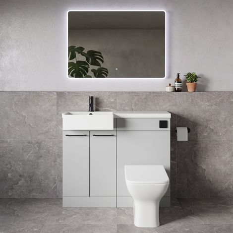 Napoli 250 Gloss Grey Pearl 1000mm 2 Door Vanity Unit Toilet Suite with Left Hand Square Rico Semi Recessed Basin - 1000mm - Matt Black 160mm HandleWith Kingston Toilet Pan and Seat