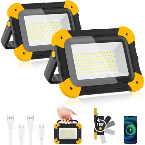 Projecteur Led Rechargeable, 5 Modes Lampe de Chantier Batterie avec Câble USB, 2000mAh Eclairage Chantier Portable,2 Pièces