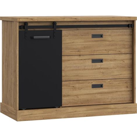 Commode 88 cm 3 tiroirs 1 porte décor bois de chêne et noir – FARM (1/5)