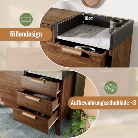 Commode en bois massif chêne, plateau imitation marbre, étagère ouverte, 3 tiroirs et armoire 2 portes avec étagère ajustable - Pieds robustes, passe avec robot aspirateur - Meuble salon moderne, H 77 (1/5)