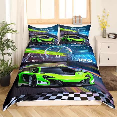 Vert Fluorescent Voiture de course Housse de Couette Voiture de sport de course Parure de Lit 200x200cm pour Enfants Extreme Sports Sets de Housse de Couette Car Sports avec 2 taies d'oreiller (1/5)