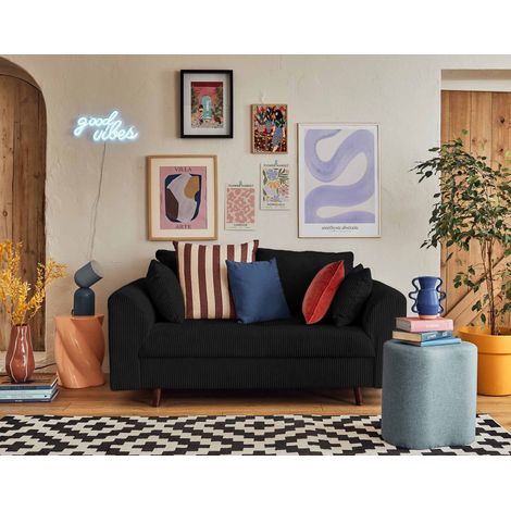Lisa Design – Canapé 2 places en velours côtelé noir – Structure en bois massif – Assise mousse polyuréthane – Pieds en bois wengé – Dimensions L150 x P93 cm (1/5)