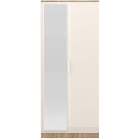 ELEGANT Bedroom Furniture Set, 2 Doors High Gloss Wardrobe with Mirror, Soft Close Hinge Mirrored Wardrobe Cabinet, with Hanging Rod and Storage Shelves, Cream/oak (1/5)