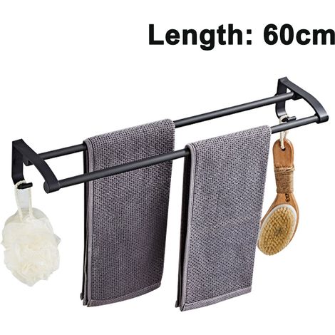 Porte-serviettes double barre en aluminium noir sans perçage - 60 cm-AquaForge (1/5)