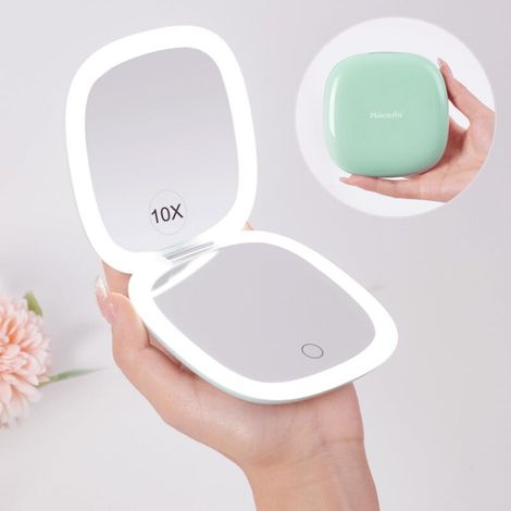 Miroir de maquillage de voyage compact à LED - 4 pouces, grossissement 1X/10X, miroir de voyage avec lumière à intensité variable, double face, rechargeable par USB (1/5)
