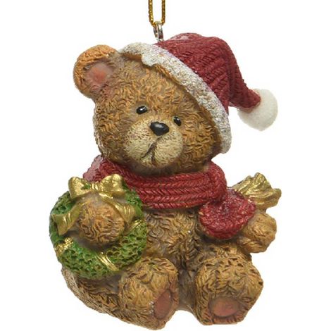 Kaemingk – Suspension de Noël ours en peluche marron avec couronne verte, 4,4 cm, polyrésine