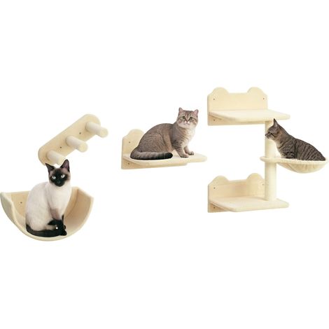 Kletterwand-Set für Katzen, 4-teilig, mit Katzentreppe, Hängematte, Plattform und Kratzbaum, Beige (1/5)