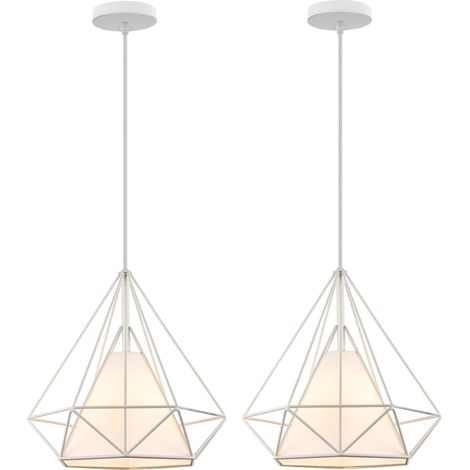 (2X) Plafonnier Vintage En Forme De Cage De Diamant 25CM Lampe De Plafond En Fer Lustre De Restaurant, Bar, (Blanc)