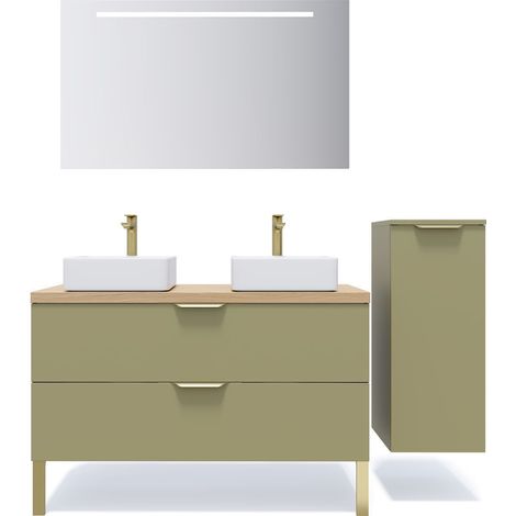 Meuble de salle de bain suspendu 2 vasques à poser 120cm 2 tiroirs Vert olive + miroir + colonne ouverture droite - Venice (1/5)