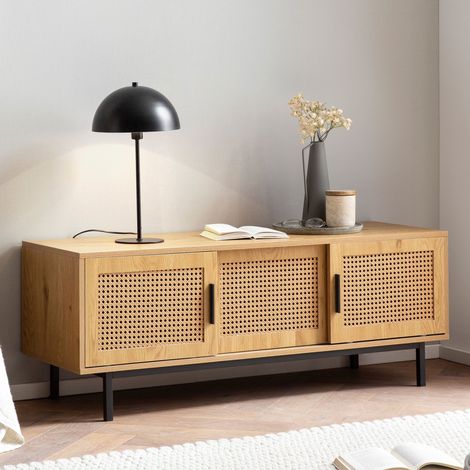 Buffet 2 portes coulissantes naturel et effet rotin - ROTZY