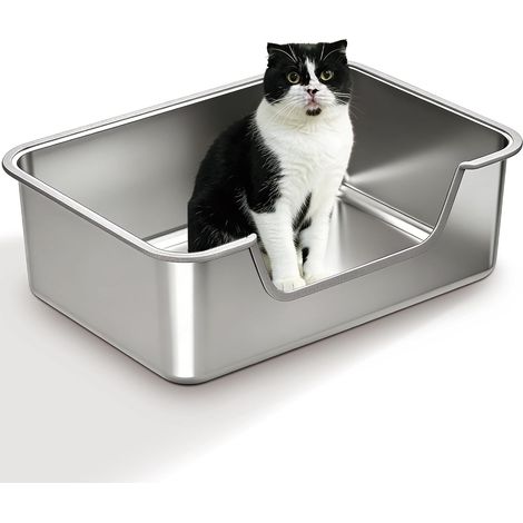 Bac à litière en acier inoxydable — Un grand bac en métal doté d'une entrée basse et de parois hautes, adapté aux chatons, aux chats âgés et aux chats souffrant d'arthrite.