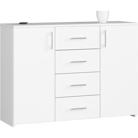 Akord – Commode blanche 110 cm – 2 portes – 4 tiroirs – 4 étagères – Panneau stratifié – Dimensions 110x35x80 cm (1/5)