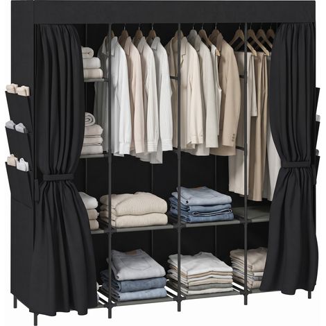 Armoire penderie en tissu 5 barres étagères latérales anti-poussière 170x45x167cm noire sans outil (1/5)