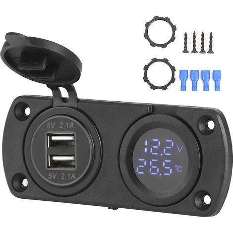 Jeffergarden Température Voltmètre Chargeur Voiture Double USB 12V Prise de courant Prise allume-cigare Bleu
