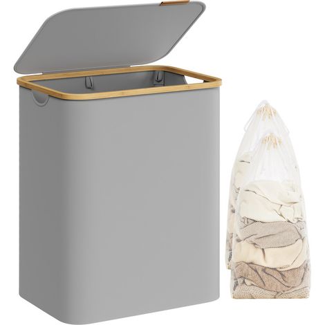 Songmics – Panier à linge pliable 130L – 2 compartiments – Tissu Oxford 600D résistant à l'eau – Dimensions 52 x 38,5 x 70,5 cm – Sac amovible avec poignées en bambou