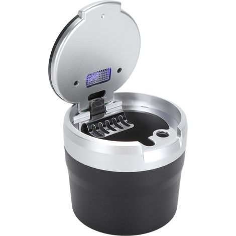Auto-Aschenbecher mit blauer LED-Beleuchtung, geruchsdicht, abnehmbar, universell einsetzbar, mit Deckel, silberner Rand (1/5)