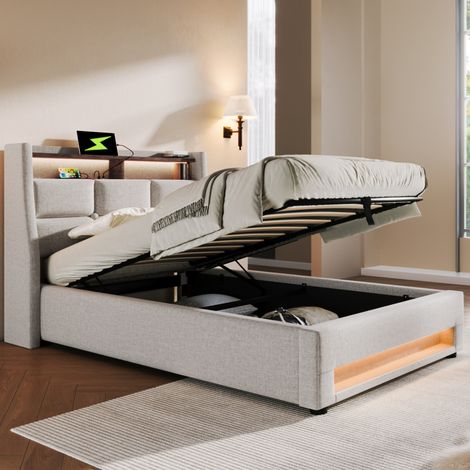 Bett mit Stauraum Leinen Hellbeige 90x200 cm, mit LED, USB und Lattenrost (1/5)