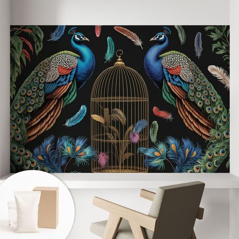 Papier peint intissé pour salon chambre à coucher peint imprimé pour mur - Colle incluse gratuite Paons exotiques 104x70 cm (1/5)