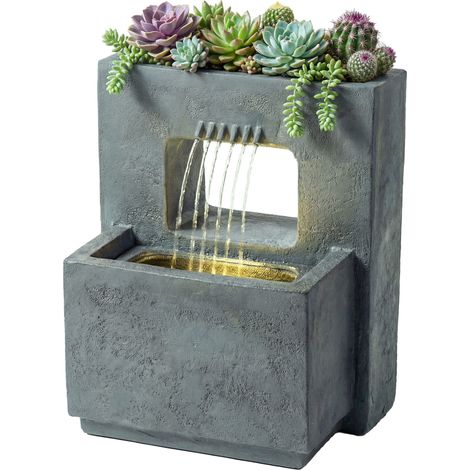 Fontaine jardin 2 niveaux LED avec pompe réglable aspect pierre jardinière 45x31,5x58,5 cm