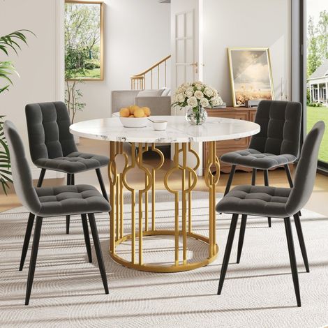 Ensemble Table Ronde et 4 Chaises Velours - Salle à Manger Moderne 5 Pièces Blanc et Doré