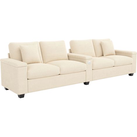 Canapé moderne 4 places en velours côtelé pour salon, avec charge USB/USB-C, accoudoir central rabattable et rangement dissimulé, canapé confortable pour bureau et maison, beige