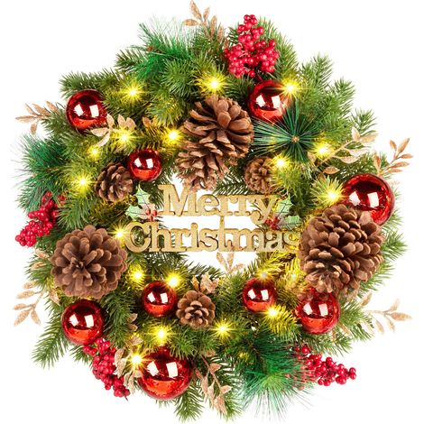 Couronne de Noël artificielle 50 cm décorative suspendue porte d'entrée lumineuse déco maison fête Type C (1/3)