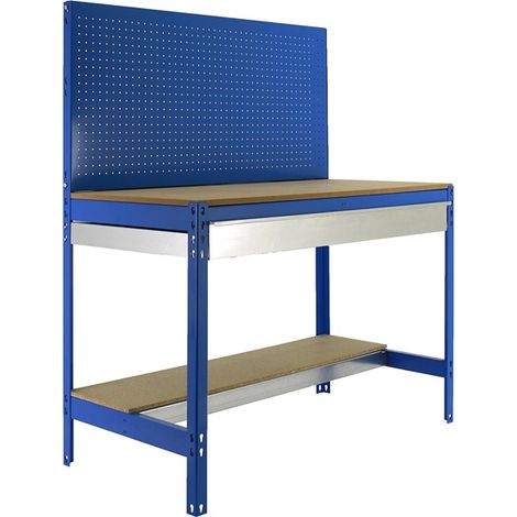 SimonRack Banco da Lavoro con Cassetto a Guide Telescopiche e Pannello Forato – Portata 600 kg – 1445x1210x610 mm – Postazione Fai da Te Officina – Blu/Legno – BT-2 (1/3)