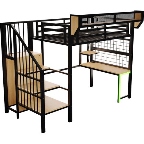 GagaLit mezzanine en métal 90 × 200 cm, avec bureau, étagère et filet de rangement, complet avec échelle de sécurité, éclairage LED et prise, garde-corps surélevé, noir (1/5)