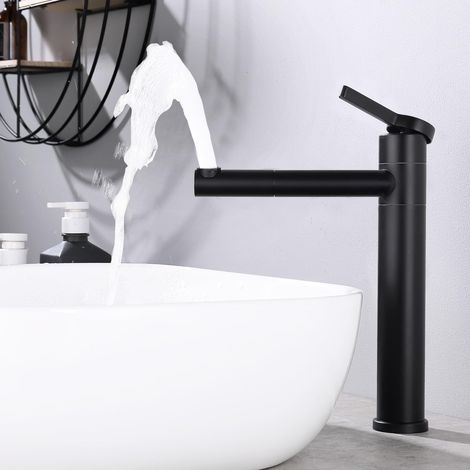 Robinet de salle de bain noir haut avec bec rotatif à 360° et corps - Robinet de salle de bain en acier inoxydable avec hauteur de bec de 215 mm - Mitigeur monocommande pour lavabo à poser (1/5)
