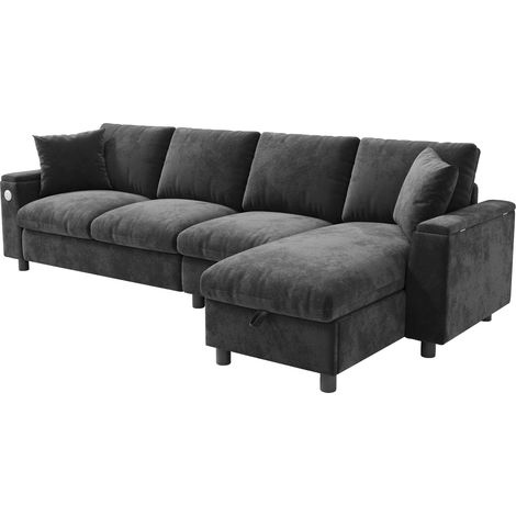 L-förmiges Ecksofa aus grauem Chenille mit Stauraum und Klapptisch MODENUIT (1/5)