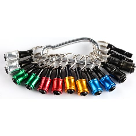 Portapuntas de destornillador hexagonal de 1/4 de pulgada fabricado en aleación de aluminio, extensión, adaptador de tornillo, llavero portátil (15 piezas de colores con mosquetón plateado) (1/5)