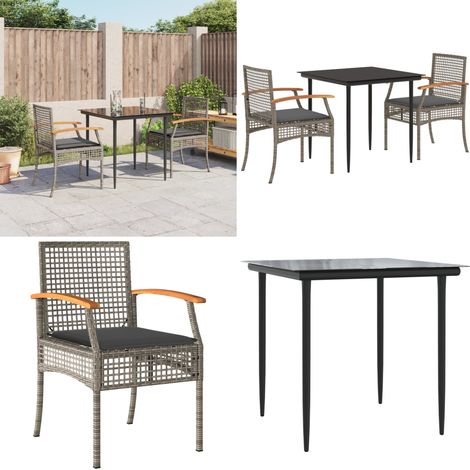 3-tlg. Garten-Essgruppe mit Kissen Grau Poly Rattan - Gartenstuhl - Gartentisch (1/5)