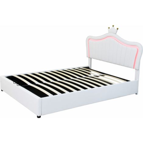 Letto imbottito bambini 140x200 cm in PU bianco, contenitore idraulico, LED e testiera corona (1/5)