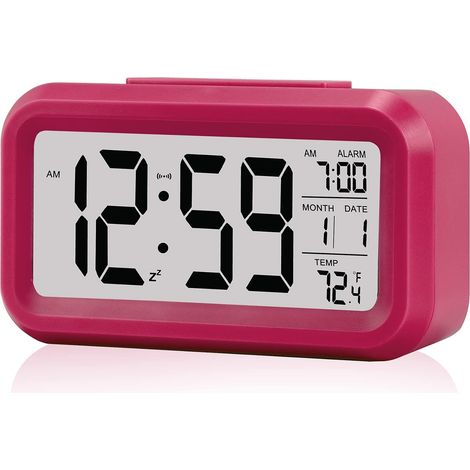 Réveil numérique compact, écran LCD 5,1 pouces avec fonction snooze, calendrier, alarme de température, installation facile sur la table de chevet (rouge) (1/5)