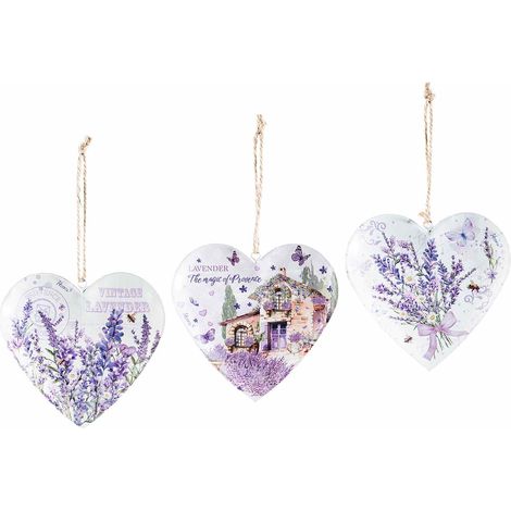 Cœurs décoratifs en métal imprimé lavande avec cordon de suspension, lot de 12, 10 x H. 10 cm
