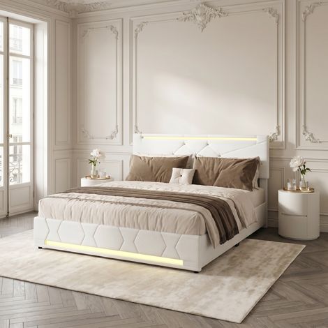 Lit coffre 140x190 cm avec éclairage LED, rangement hydraulique et tête de lit capitonnée réglable – Style contemporain – Beige (1/5)